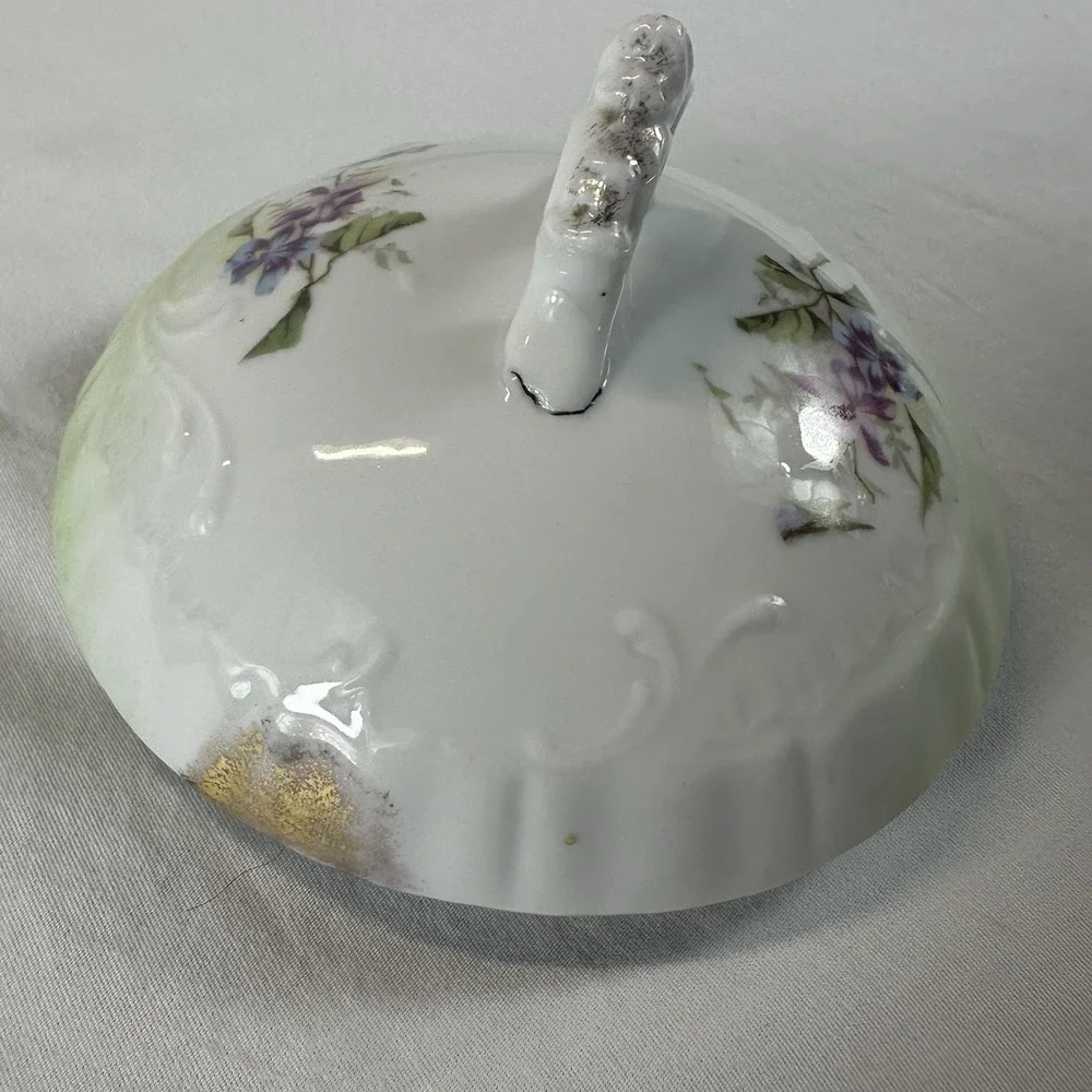 Antique Victorian Porcelain Biscuit Jar - Pink Roses & Violets - Green Ombre